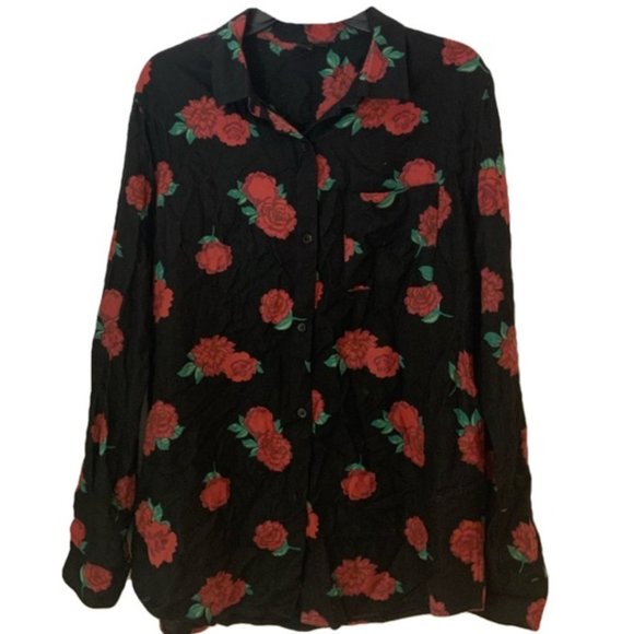 Icōne Black Soft Button Down Shirt With Red Roses - Picture 1 of 7